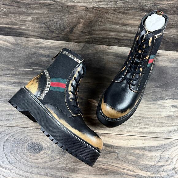 NIB Steve Madden 8.5M Burner Leather Studded Mixed Media Lug Sole Combat Boots - Picture 2 of 11